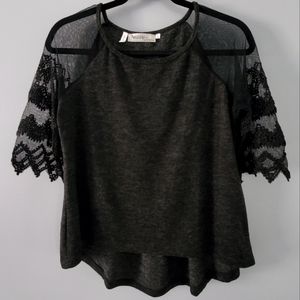Angelina Fashion Black Sheer Lace Sleeve Hi-low Top Size S